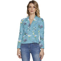 Butterfly Flower Blue Background Women s Long Sleeve Revers Collar Cropped Jacket by danenraven