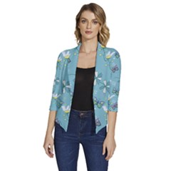 Butterfly Flower Blue Background Women s Draped Front 3/4 Sleeve Shawl Collar Jacket by danenraven