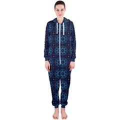 Blue Floral Pattern Geometric Pattern Hooded Jumpsuit (ladies)