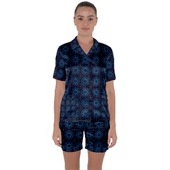 Blue Floral Pattern Geometric Pattern Satin Short Sleeve Pajamas Set by danenraven