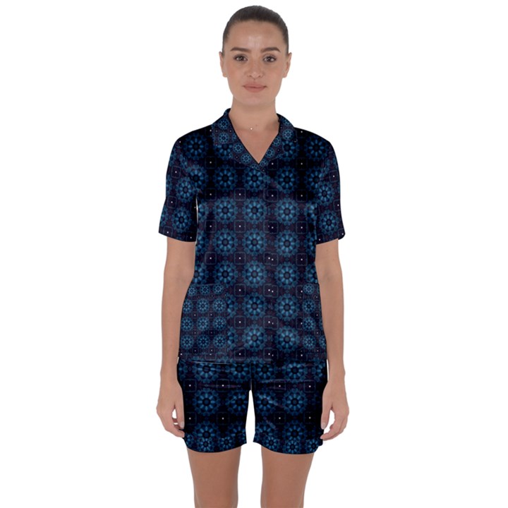 Blue Floral Pattern Geometric Pattern Satin Short Sleeve Pajamas Set