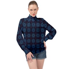 Blue Floral Pattern Geometric Pattern High Neck Long Sleeve Chiffon Top by danenraven