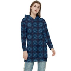 Blue Floral Pattern Geometric Pattern Women s Long Oversized Pullover Hoodie