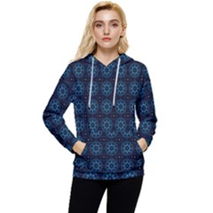 Blue Floral Pattern Geometric Pattern Women s Lightweight Drawstring Hoodie