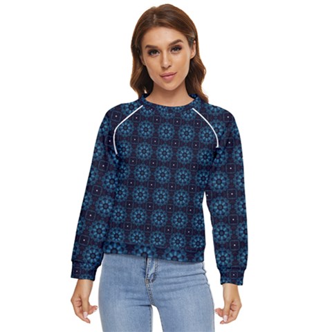 Blue Floral Pattern Geometric Pattern Women s Long Sleeve Raglan Tee by danenraven