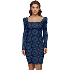 Blue Floral Pattern Geometric Pattern Women Long Sleeve Ruched Stretch Jersey Dress by danenraven