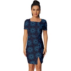 Blue Floral Pattern Geometric Pattern Fitted Knot Split End Bodycon Dress by danenraven