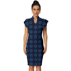 Blue Floral Pattern Geometric Pattern Vintage Frill Sleeve V-neck Bodycon Dress by danenraven