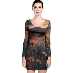 Mountains Flowers Flora Botany Nature Long Sleeve Velvet Bodycon Dress