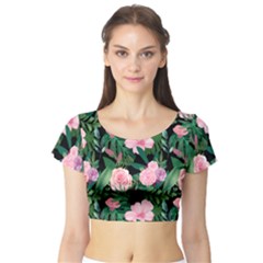 Flower Roses Pattern Floral Nature Short Sleeve Crop Top by danenraven