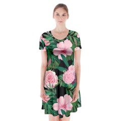 Flower Roses Pattern Floral Nature Short Sleeve V-neck Flare Dress by danenraven