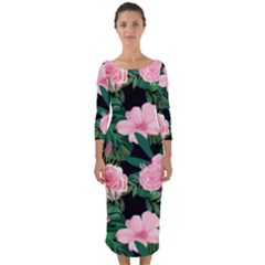 Flower Roses Pattern Floral Nature Quarter Sleeve Midi Bodycon Dress by danenraven