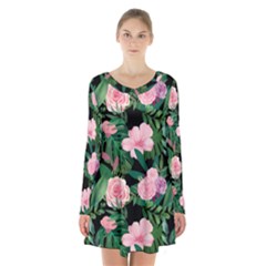 Flower Roses Pattern Floral Nature Long Sleeve Velvet V-neck Dress