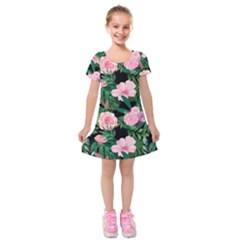 Flower Roses Pattern Floral Nature Kids  Short Sleeve Velvet Dress