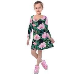 Flower Roses Pattern Floral Nature Kids  Long Sleeve Velvet Dress