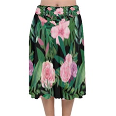 Flower Roses Pattern Floral Nature Velvet Flared Midi Skirt