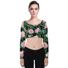 Flower Roses Pattern Floral Nature Velvet Long Sleeve Crop Top by danenraven