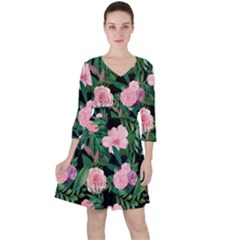 Flower Roses Pattern Floral Nature Quarter Sleeve Ruffle Waist Dress by danenraven