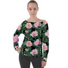 Flower Roses Pattern Floral Nature Off Shoulder Long Sleeve Velour Top by danenraven