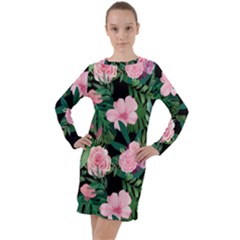 Flower Roses Pattern Floral Nature Long Sleeve Hoodie Dress by danenraven