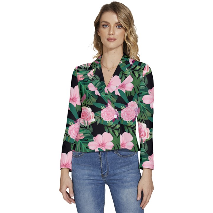 Flower Roses Pattern Floral Nature Women s Long Sleeve Revers Collar Cropped Jacket