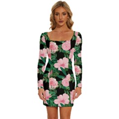 Flower Roses Pattern Floral Nature Long Sleeve Square Neck Bodycon Velvet Dress