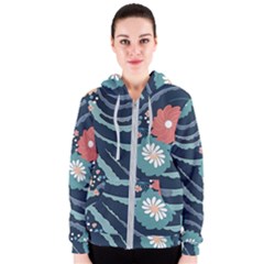 Waves Flowers Pattern Water Floral Minimalist Women s Zipper Hoodie