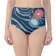 Waves Flowers Pattern Water Floral Minimalist Classic High-Waist Bikini Bottoms