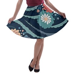 Waves Flowers Pattern Water Floral Minimalist A-line Skater Skirt by danenraven