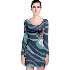 Waves Flowers Pattern Water Floral Minimalist Long Sleeve Velvet Bodycon Dress