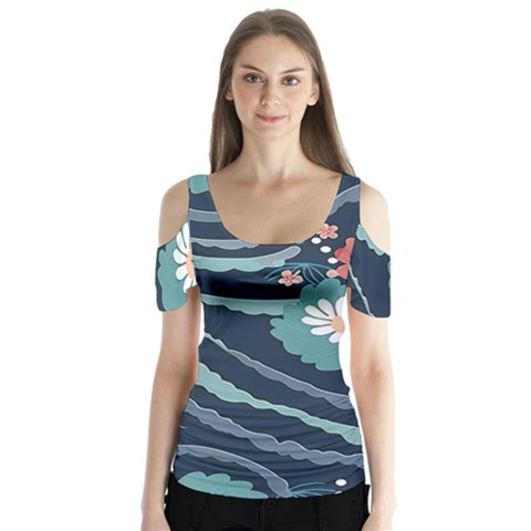 Waves Flowers Pattern Water Floral Minimalist Butterfly Sleeve Cutout Tee  by danenraven