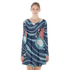 Waves Flowers Pattern Water Floral Minimalist Long Sleeve Velvet V-neck Dress