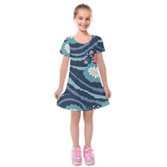 Waves Flowers Pattern Water Floral Minimalist Kids  Short Sleeve Velvet Dress