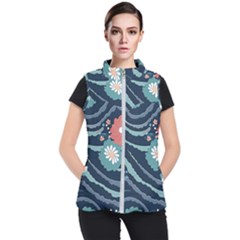 Waves Flowers Pattern Water Floral Minimalist Women s Puffer Vest