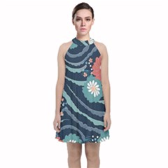 Waves Flowers Pattern Water Floral Minimalist Velvet Halter Neckline Dress 