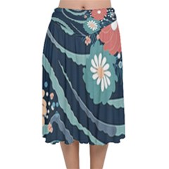 Waves Flowers Pattern Water Floral Minimalist Velvet Flared Midi Skirt