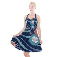 Waves Flowers Pattern Water Floral Minimalist Halter Party Swing Dress 