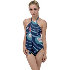 Waves Flowers Pattern Water Floral Minimalist Go With The Flow One Piece Swimsuit by danenraven