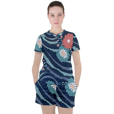 Waves Flowers Pattern Water Floral Minimalist Women s Tee And Shorts Set by danenraven