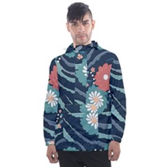 Waves Flowers Pattern Water Floral Minimalist Men s Front Pocket Pullover Windbreaker