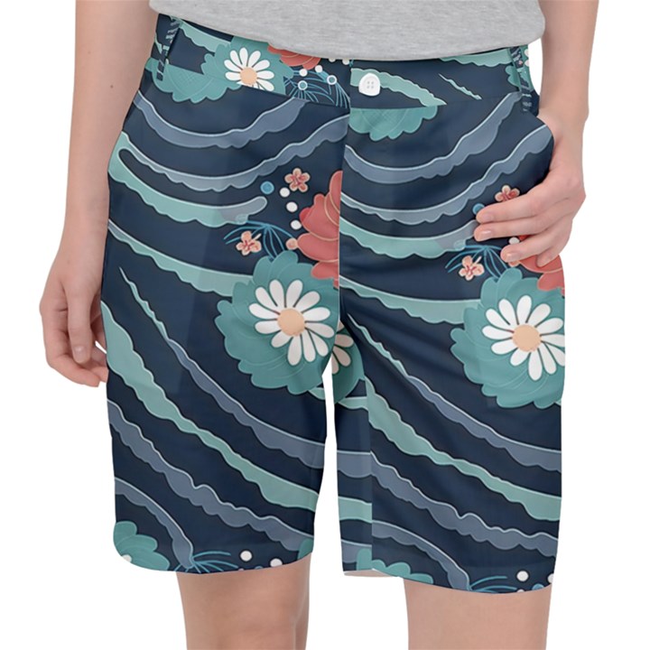 Waves Flowers Pattern Water Floral Minimalist Women s Pocket Shorts