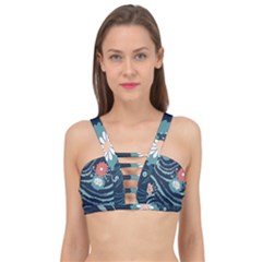 Waves Flowers Pattern Water Floral Minimalist Cage Up Bikini Top