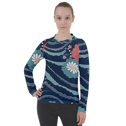 Waves Flowers Pattern Water Floral Minimalist Women s Pique Long Sleeve Tee by danenraven