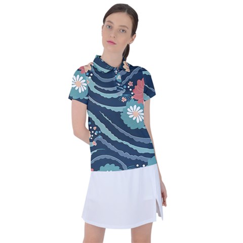 Waves Flowers Pattern Water Floral Minimalist Women s Polo Tee by danenraven