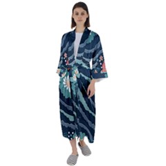 Waves Flowers Pattern Water Floral Minimalist Maxi Satin Kimono by danenraven