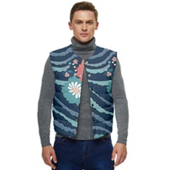 Waves Flowers Pattern Water Floral Minimalist Men s Short Button Up Puffer Vest	