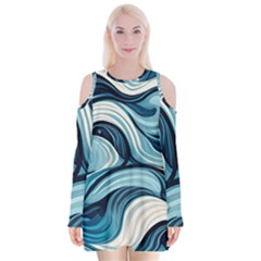 Pattern Ocean Waves Arctic Ocean Blue Nature Sea Velvet Long Sleeve Shoulder Cutout Dress