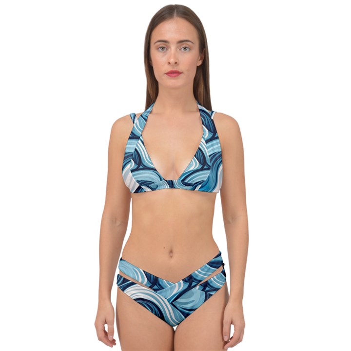 Pattern Ocean Waves Arctic Ocean Blue Nature Sea Double Strap Halter Bikini Set