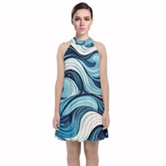 Pattern Ocean Waves Arctic Ocean Blue Nature Sea Velvet Halter Neckline Dress 