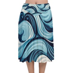 Pattern Ocean Waves Arctic Ocean Blue Nature Sea Velvet Flared Midi Skirt